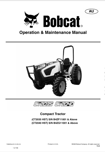 BOBCAT CT2035, CT2040 COMPACT TRACTOR OPERATION & MAINTENANCE MANUAL (7398895) - PDF FILE
