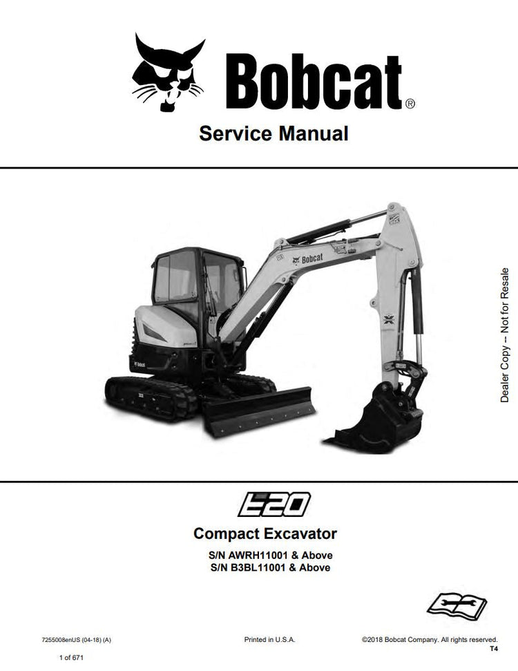 BOBCAT E20 EXCAVATOR AWRH11001, B3BL11001 & UP SERVICE MANUAL 7255008 (04-18) - PDF FILE