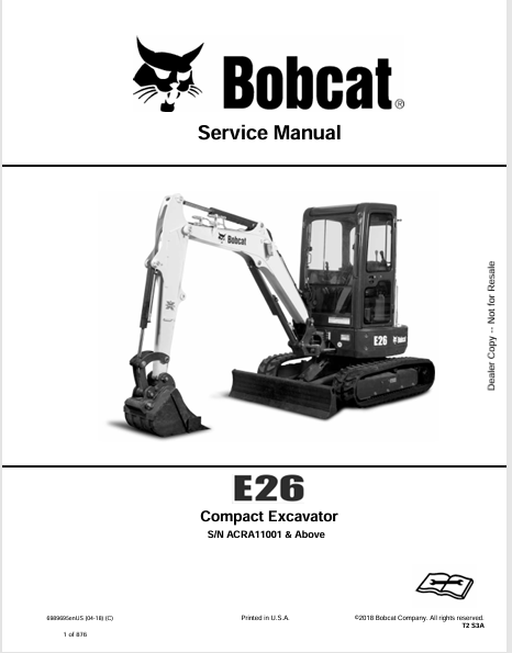 BOBCAT E26 COMPACT EXCAVATOR SERVICE MANUAL (6989695) - PDF FILE
