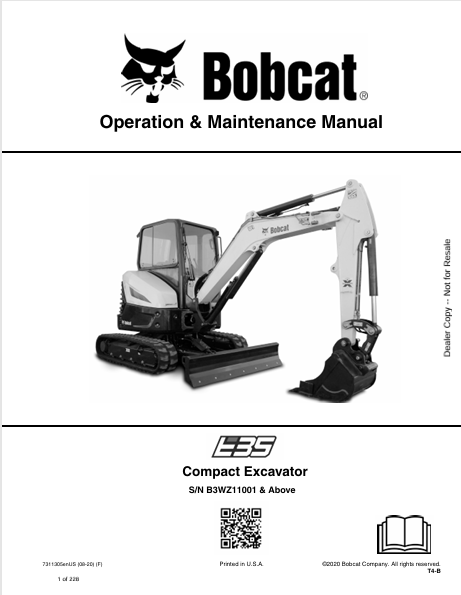 BOBCAT E35 COMPACT EXCAVATOR OPERATION & MAINTENANCE MANUAL (7311305) - PDF FILE