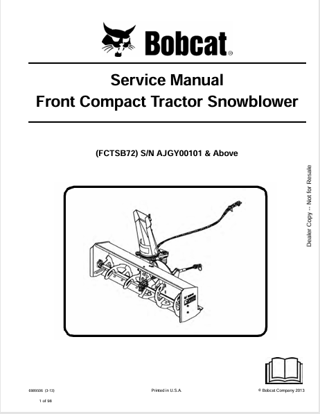 BOBCAT FCTSB72 FRONT COMPACT TRACTOR SNOWBLOWER SERVICE MANUAL (6989506) - PDF FILE