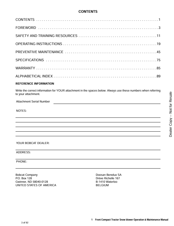BOBCAT FRONT COMPACT TRACTOR SNOW BLOWER (6989401ENUS) OPERATION & MAINTENANCE MANUAL PDF DOWNLOAD
