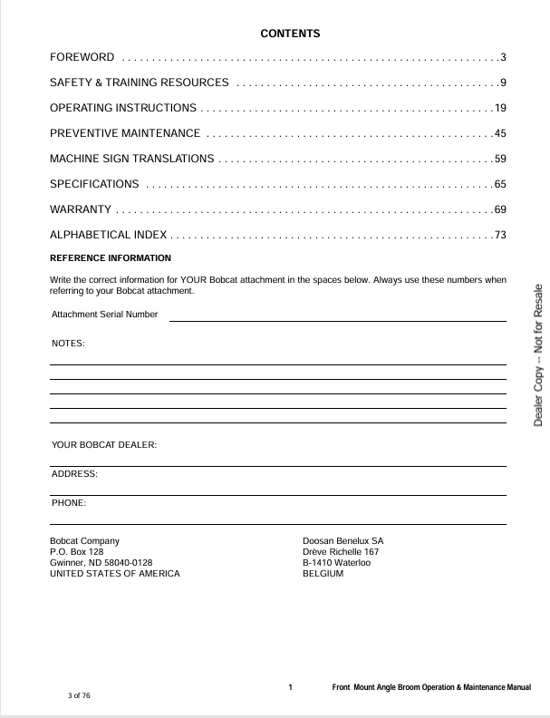 BOBCAT FRONT MOUNT ANGLE BROOM (6990010) OPERATOR MANUAL PDF DOWNLOAD