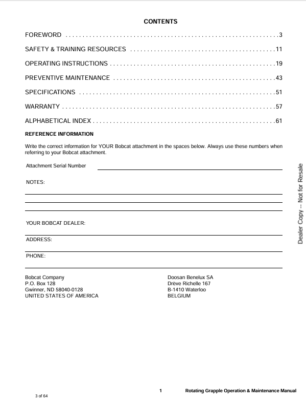 BOBCAT ROTATING GRAPPLE (6901783) OPERATION & MAINTENANCE MANUAL PDF FILE