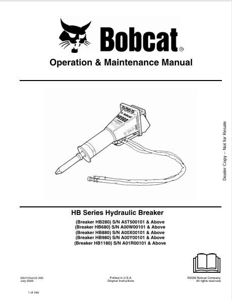 BOBCAT HB280, HB680, HB880, HB980, HB1180 HB SERIES HYDRAULIC BREAKER OPERATION & MAINTENANCE MANUAL (6904104) - PDF FILE
