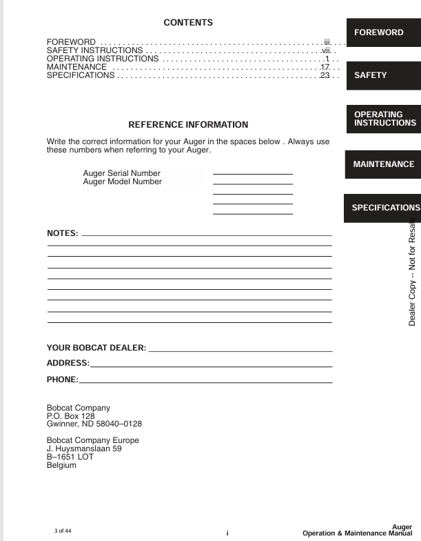 BOBCAT HEX DRIVE AUGER 15, 15H, 30, 30H (6901382) OPERATION AND MAINTENANCE MANUAL PDF FILE