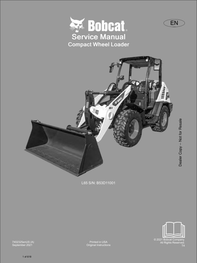 BOBCAT L65 B53D11001 COMPACT WHEEL LOADER SERVICE MANUAL 7402325 - PDF FILE