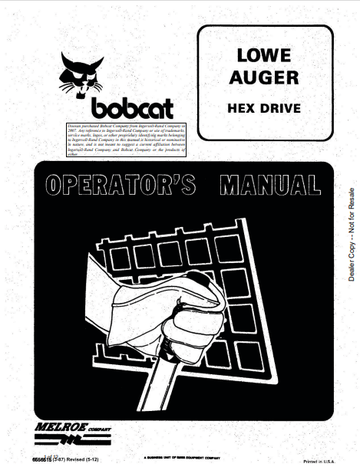 BOBCAT LOWE AUGER HEX DRIVE OPERATOR'S MANUAL (6556515) - PDF FILE