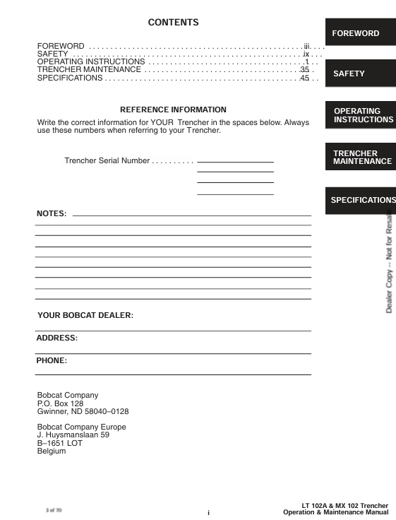 BOBCAT LT102A, MX102 TRENCHER (6901506) OPERATION AND MAINTENANCE MANUAL PDF FILE
