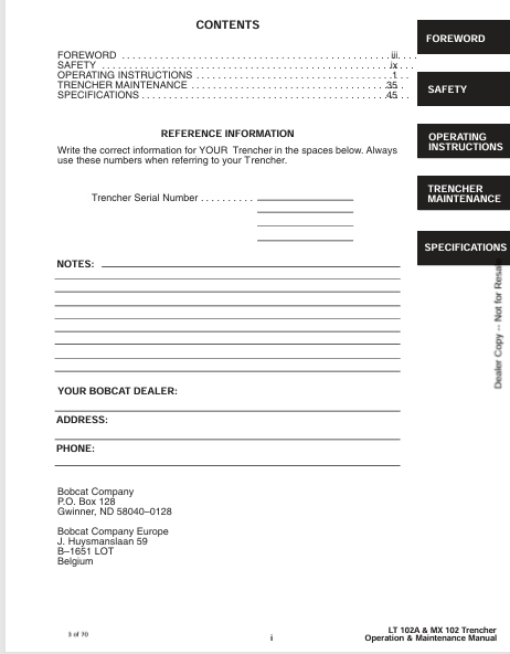 BOBCAT LT102A, MX102 TRENCHER (6901506) OPERATION & MAINTENANCE MANUAL PDF DOWNLOAD
