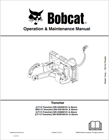BOBCAT LT112 TRENCHER, MX112 TRENCHER, LT113 TRENCHER, LT113 TRENCHER OPERATION & MAINTENANCE MANUAL (6902550) - PDF FILE