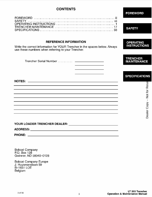 BOBCAT LT203 TRENCHER (6900969) OPERATION AND MAINTENANCE MANUAL PDF FILE