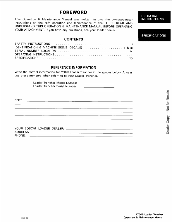 BOBCAT LT305 LOADER TRENCHER (6722909ENGB) OPERATION AND MAINTENANCE MANUAL PDF FILE