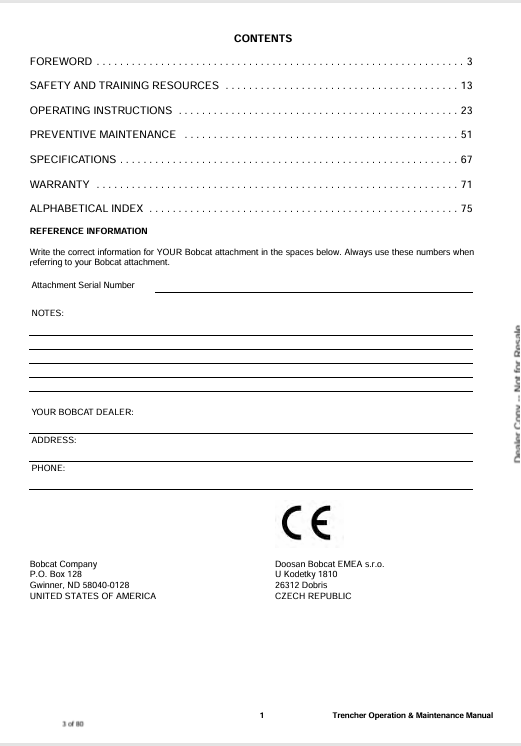BOBCAT LT405 TRENCHER (6722909ENGB) OPERATION AND MAINTENANCE MANUAL PDF FILE