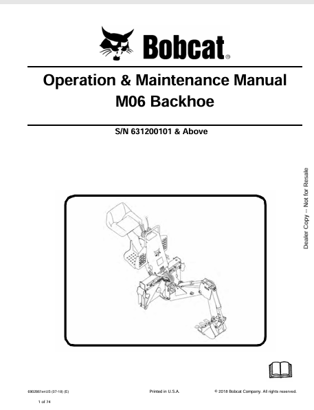 BOBCAT M06 BACKHOE OPERATION & MAINTENANCE MANUAL (6902861) - PDF FILE