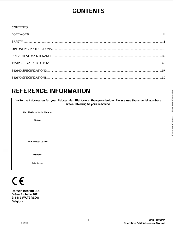 BOBCAT MAN PLATFORM (6986698) OPERATION & MAINTENANCE MANUAL PDF FILE