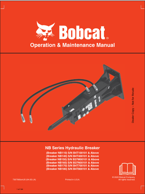 BOBCAT NB110, NB140, NB150, NB160, NB170, NB180 NB SERIES HYDRAULIC BREAKER OPERATION & MAINTENANCE MANUAL (7357565) - PDF FILE