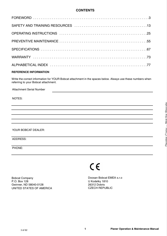 BOBCAT 18PLA, 20PSL, 24PLA PLANER (6990954ENGB) OPERATION & MAINTENANCE MANUAL PDF FILE