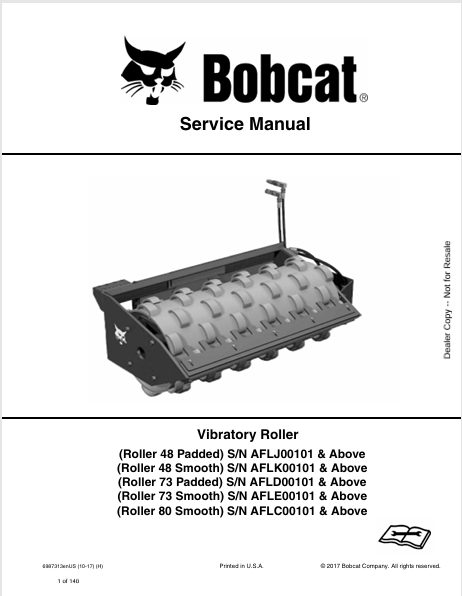 BOBCAT ROLLER 48 PADDED, ROLLER 48 SMOOTH, ROLLER 73 PADDED, ROLLER 73 SMOOTH, ROLLER 80 SMOOTH VIBRATORY ROLLER SERVICE MANUAL (6987313) - PDF FILE