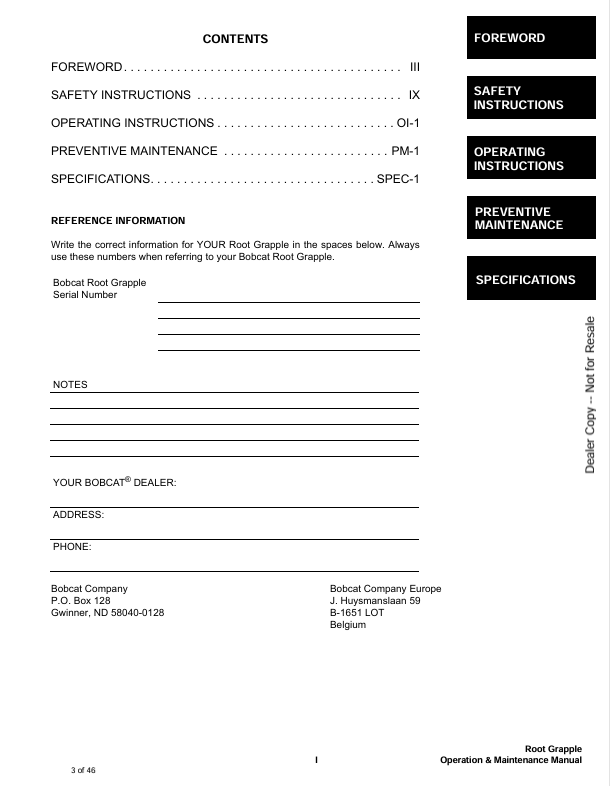 BOBCAT ROOT GRAPPLE 82INCH (6904854) OPERATION & MAINTENANCE MANUAL PDF FILE