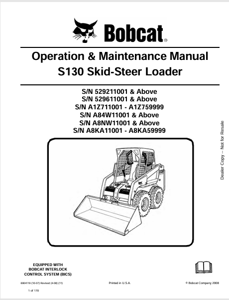 BOBCAT S130 SKID-STEER LOADER OPERATION & MAINTENANCE MANUAL (6904119) - PDF FILE