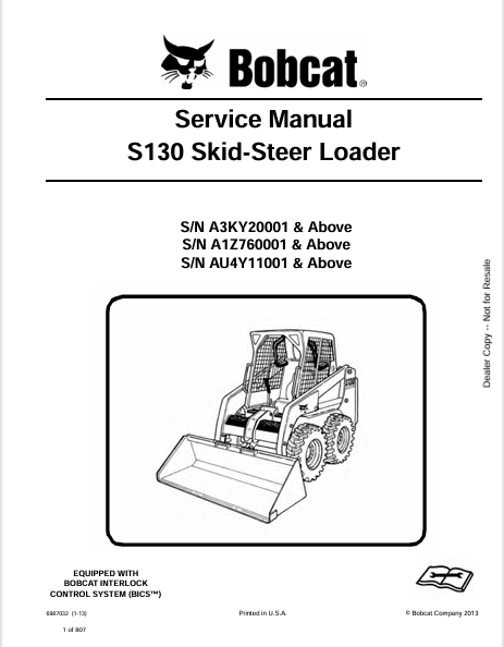 BOBCAT S130 SKID-STEER LOADER SERVICE MANUAL (6987032) - PDF FILE