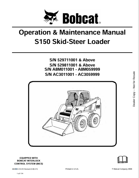 BOBCAT S150 SKID-STEER LOADER OPERATION & MAINTENANCE MANUAL (6904124) - PDF FILE