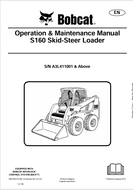 BOBCAT S160 SKID-STEER LOADER OPERATION & MAINTENANCE MANUAL (6987009) - PDF FILE
