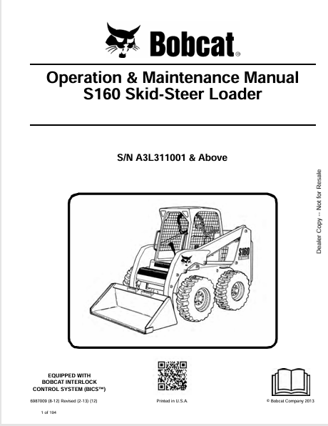 BOBCAT S160 SKID-STEER LOADER OPERATION & MAINTENANCE MANUAL (6987009) - PDF FILE