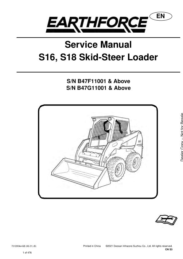 BOBCAT S16, S18 B47F11001, B47G11001 & UP SKID-STEER LOADER SERVICE MANUAL 7312959 - PDF FILE