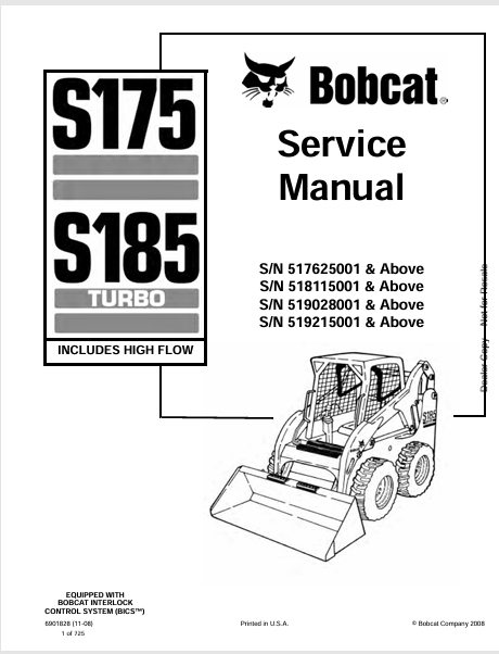 BOBCAT S175, S185 TURBO SERVICE MANUAL (6901828) - PDF FILE