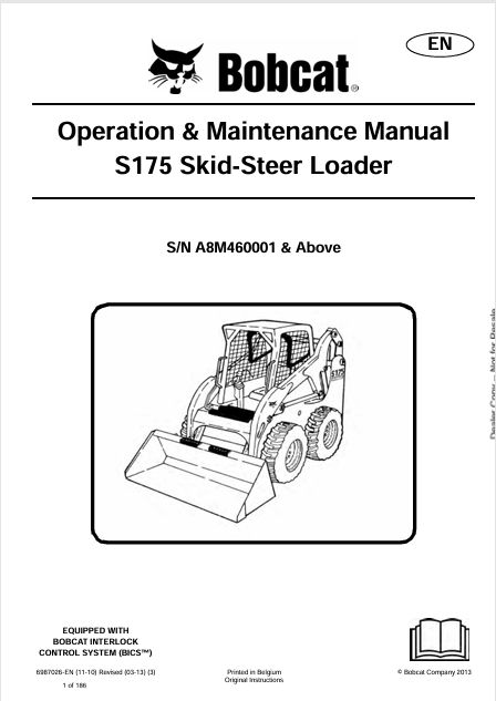 BOBCAT S175 SKID-STEER LOADER OPERATION & MAINTENANCE MANUAL (6987026) - PDF FILE