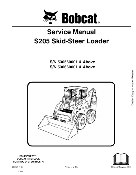 BOBCAT S205 SKID-STEER LOADER SERVICE MANUAL (6987037) - PDF FILE