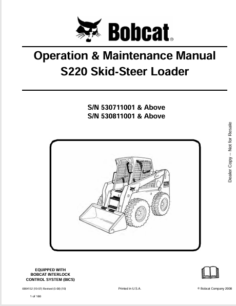 BOBCAT S220 SKID-STEER LOADER OPERATION & MAINTENANCE MANUAL (6904152) - PDF FILE