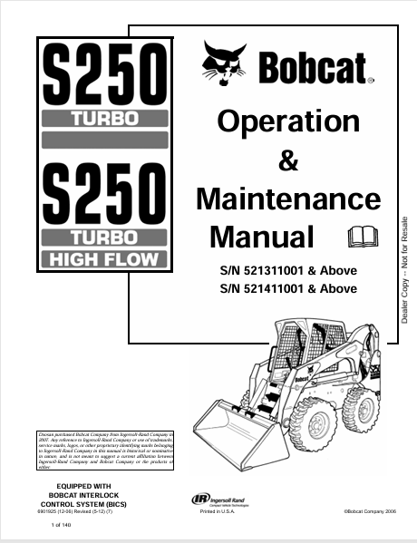 BOBCAT S250 TURBO, S250 TURBO HIGH FLOW OPERATION & MAINTENANCE MANUAL (6901925) - PDF FILE