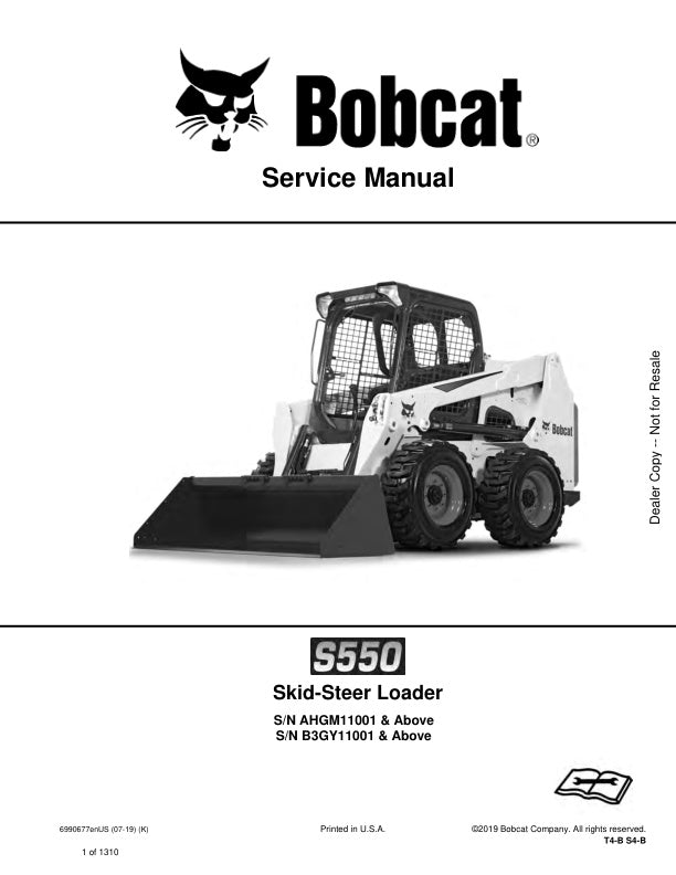 BOBCAT S550 AHGM11001 B3GY11001 & UP SKID-STEER LOADER SERVICE MANUAL 6990677 - PDF FILE