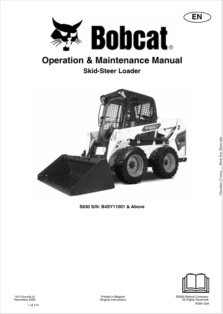 BOBCAT S630 SKID-STEER LOADER OPERATION & MAINTENANCE MANUAL (7427752) - PDF FILE