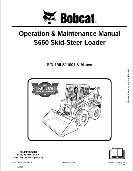 BOBCAT S650 SKID-STEER LOADER OPERATION & MAINTENANCE MANUAL (6990772) - PDF FILE