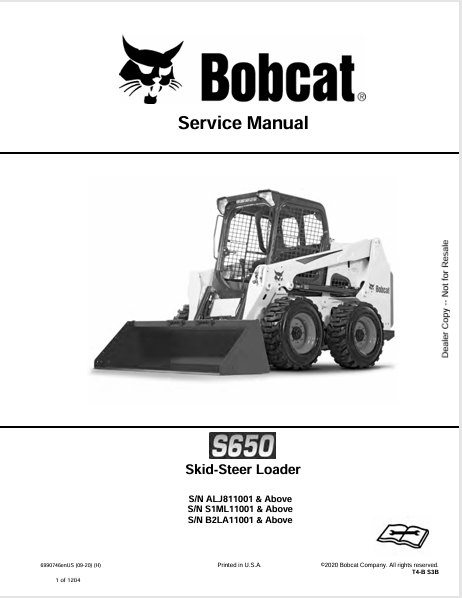 BOBCAT S650 SKID-STEER LOADER SERVICE MANUAL (6990746) - PDF FILE