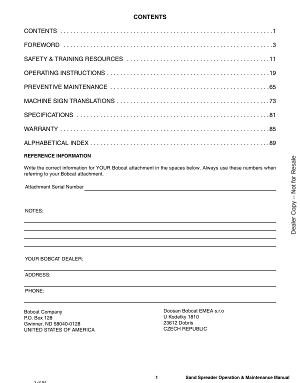 BOBCAT SAND SPREADER (6902779ENUS) OPERATION AND MAINTENANCE MANUAL PDF FILE