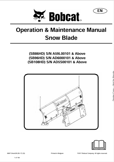 BOBCAT SB86HD, SB96HD, SB108HD SNOW BLADE OPERATION & MAINTENANCE MANUAL (6987134) - PDF FILE
