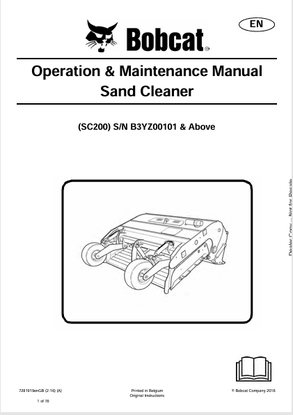 BOBCAT SC200 SAND CLEANER OPERATION & MAINTENANCE MANUAL (7281919) - PDF FILE
