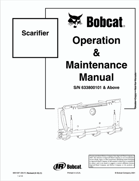 BOBCAT SCARIFIER OPERATION & MAINTENANCE MANUAL (6901267) - PDF FILE