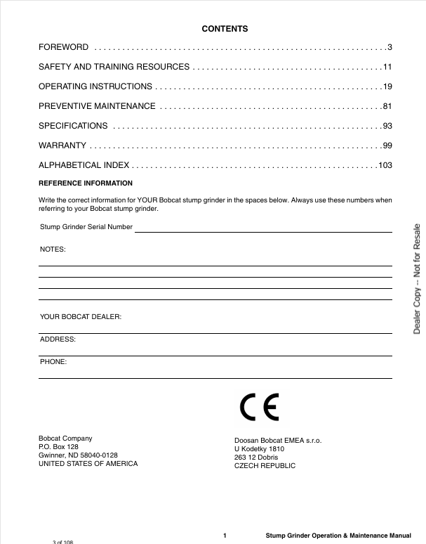 BOBCAT SG30 STUMP GRINDER (6902662ENUS) OPERATION & MAINTENANCE MANUAL PDF DOWNLOAD