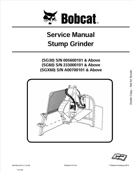 BOBCAT SG30, SG60, SGX60 STUMP GRINDER SERVICE MANUAL (6901091) - PDF FILE