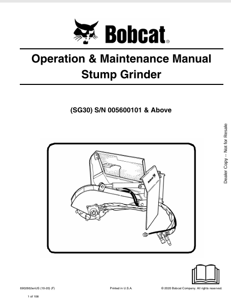 BOBCAT SG30 STUMP GRINDER OPERATION & MAINTENANCE MANUAL (6902662) - PDF FILE