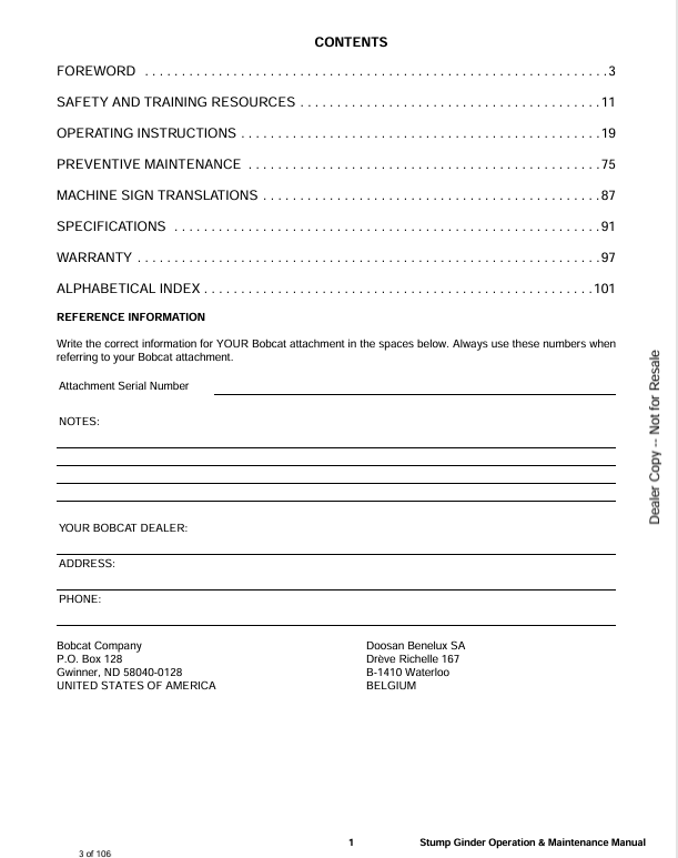BOBCAT SG60, SGX60 STUMP GRINDER (6901089ENUS) OPERATION AND MAINTENANCE MANUAL PDF FILE