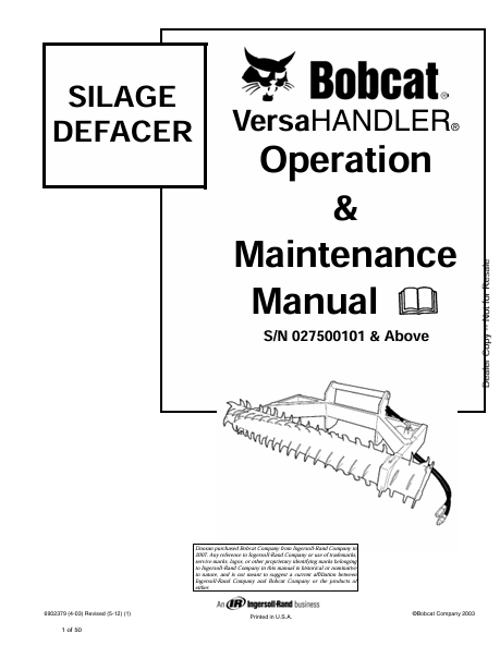BOBCAT SILAGE DEFACER VERSAHANDLER OPERATION & MAINTENANCE MANUAL (6902379) - PDF FILE