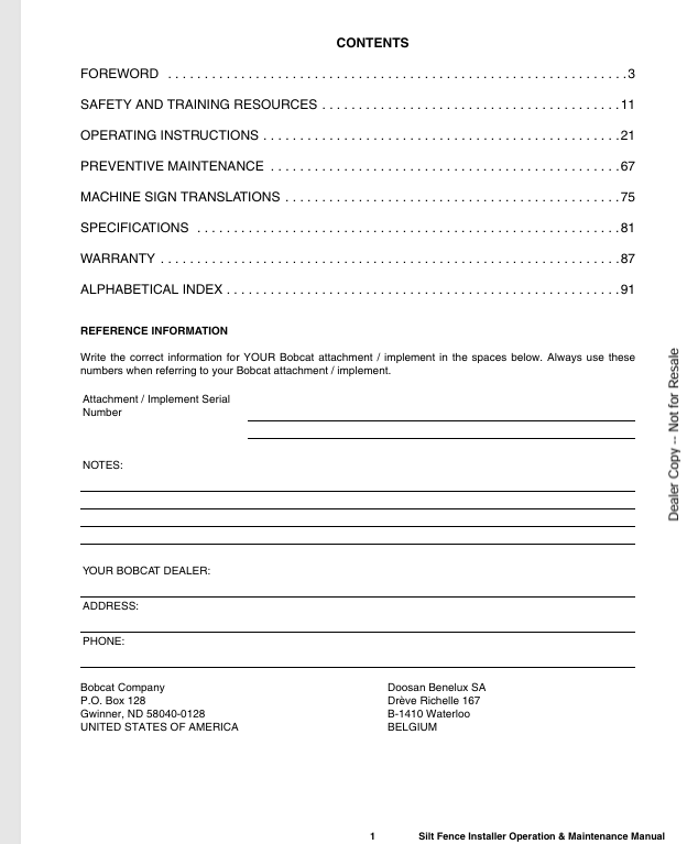 BOBCAT SILT FENCE INSTALLER (6904965ENUS) OPERATION & MAINTENANCE MANUAL PDF DOWNLOAD
