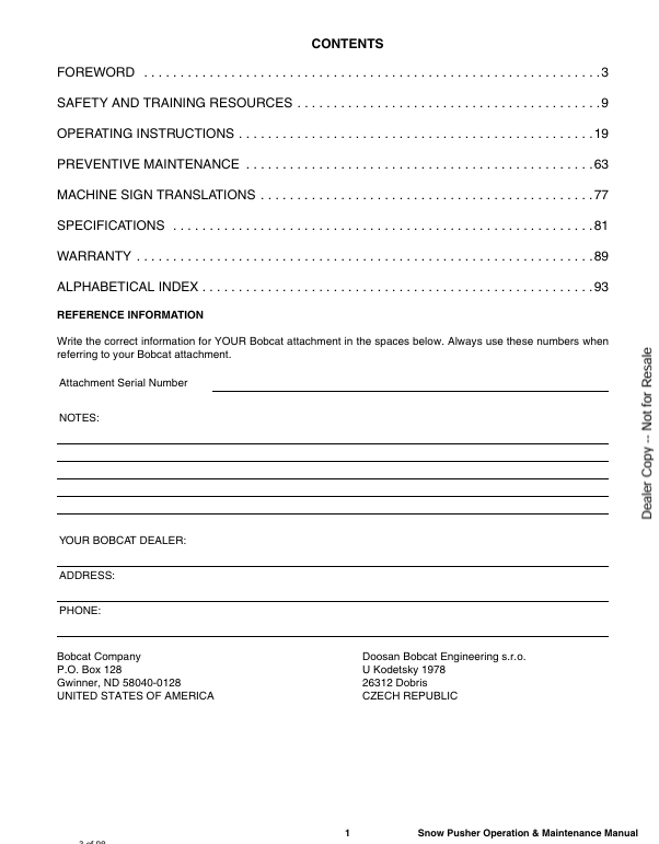 BOBCAT SNOW PUSHER PRO (7393096ENUS) OPERATION & MAINTENANCE MANUAL PDF DOWNLOAD